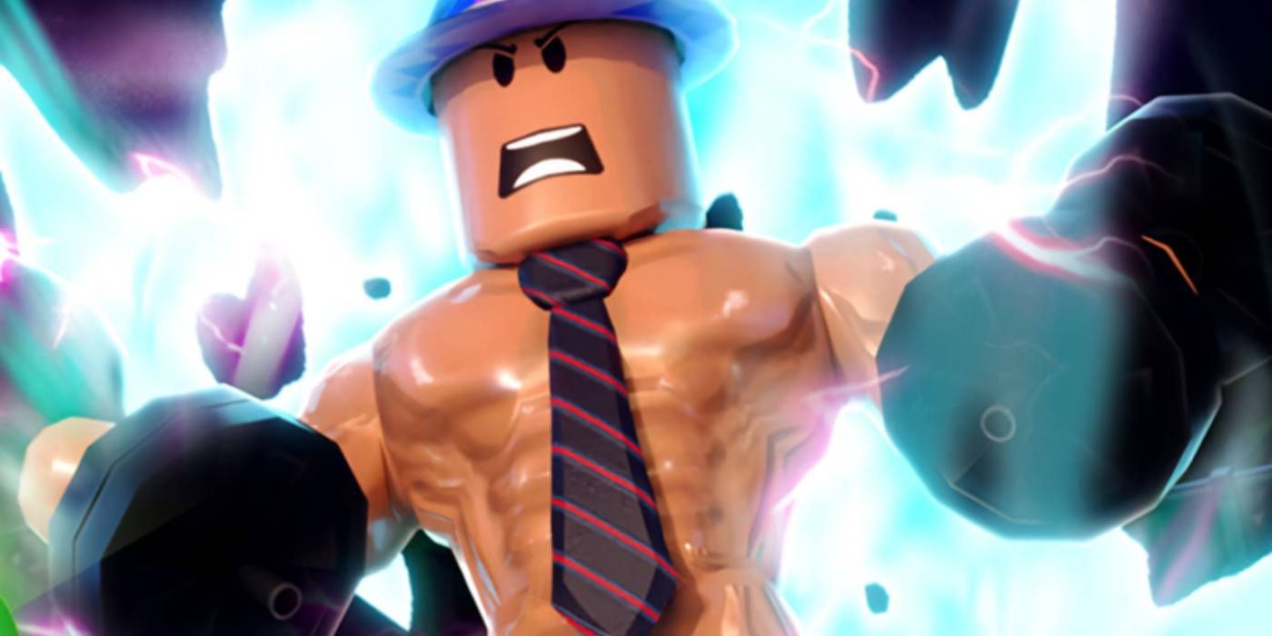 Roblox: Strongman Simulator Promotional Image with Player Working Out in Core Gameplay Loop