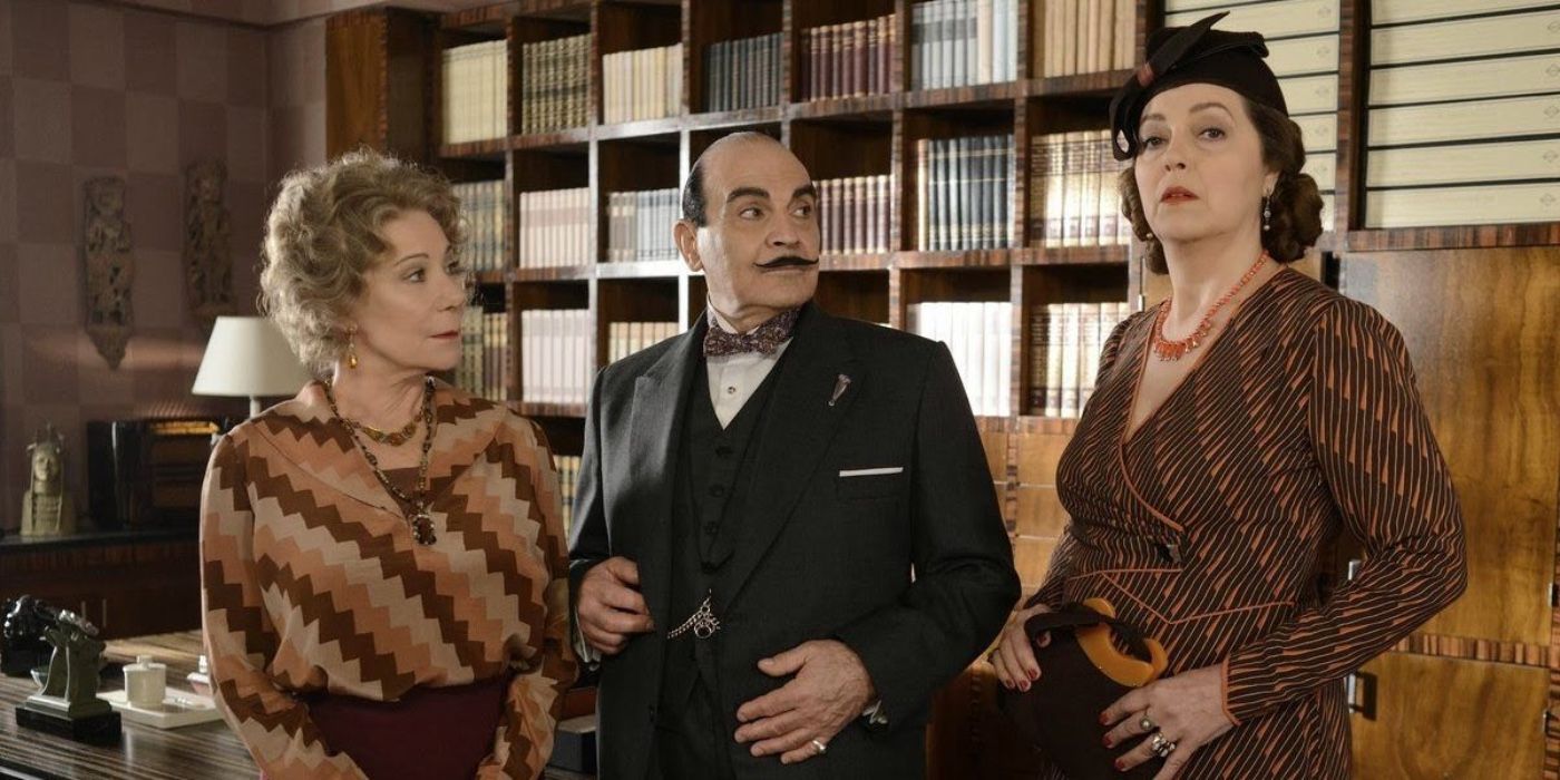 Poirot and two characters looking at each other in Elephants Can Remember