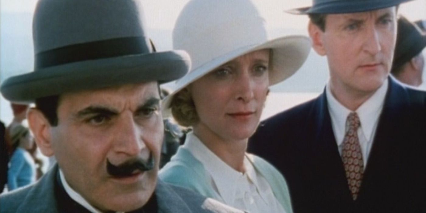 Poirot and two characters looking confused in Dumb Witness