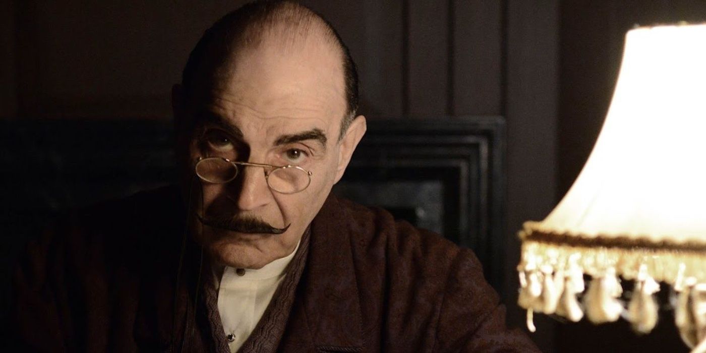 Poirot looking at the camera in the final episode of Agatha Christie's Poirot