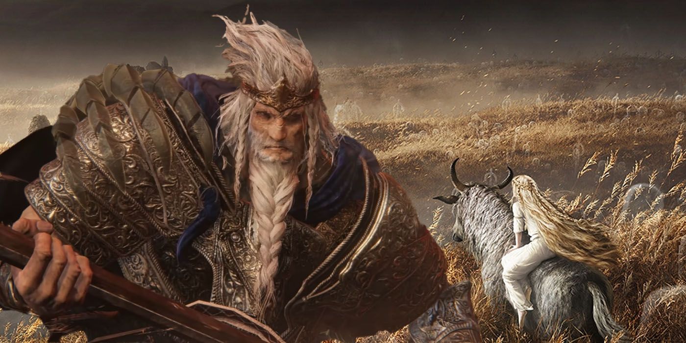 Image of Godfrey in front of Miquella on Torrent in Elden Ring's DLC announcement image.