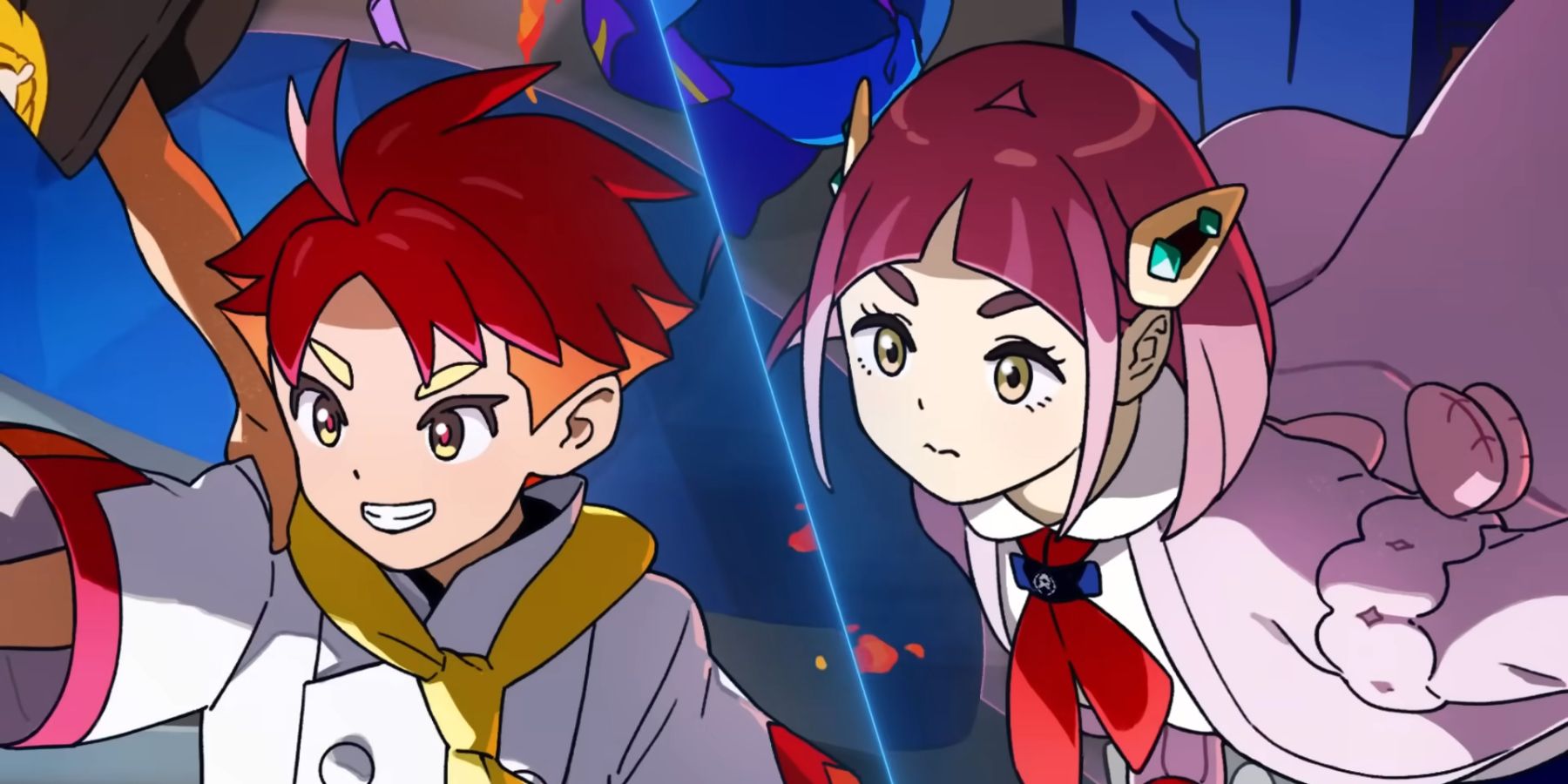 Two new characters teased for Pokémon Scarlet and Violet's upcoming DLC, The Hidden Treasure of Area Zero. Both have red-colored hair and appear to be from the DLC's Part 2: The Indigo Disk.