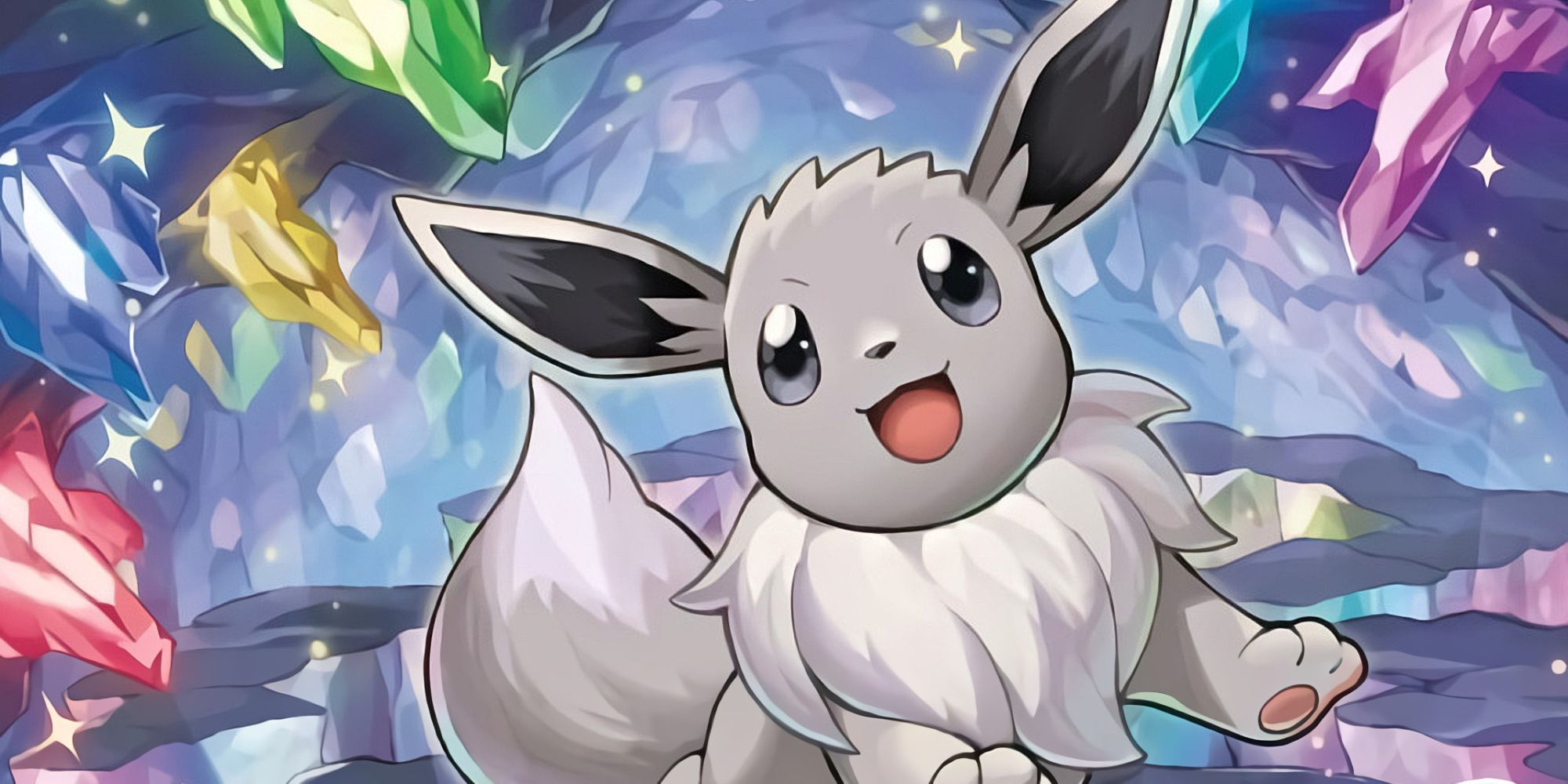 Close-up on the artwork of the Pokémon TCG's Radiant Eevee Sword and Shield promo card, showing a Shiny Eevee in a cave with multi-colored stalactites.