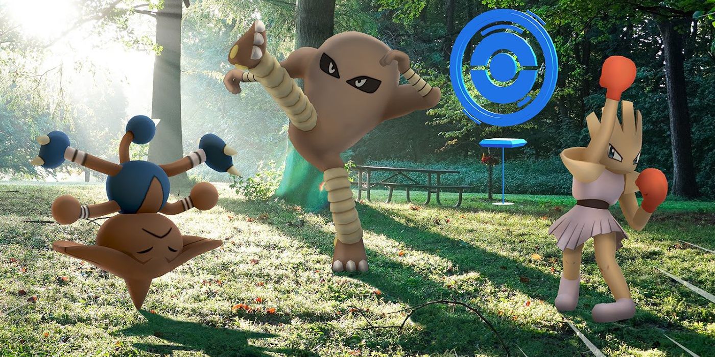 Pokémon GO Hitmontop, Hitmonchan e Hitmonlee na frente de um spinner Pokestop