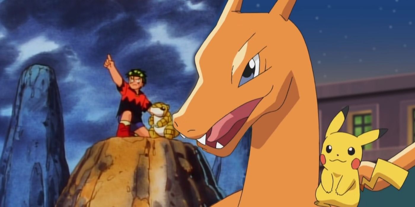 Pokémon&rsquo;s AJ and Sandshrew behind Charizard and Pikachu.