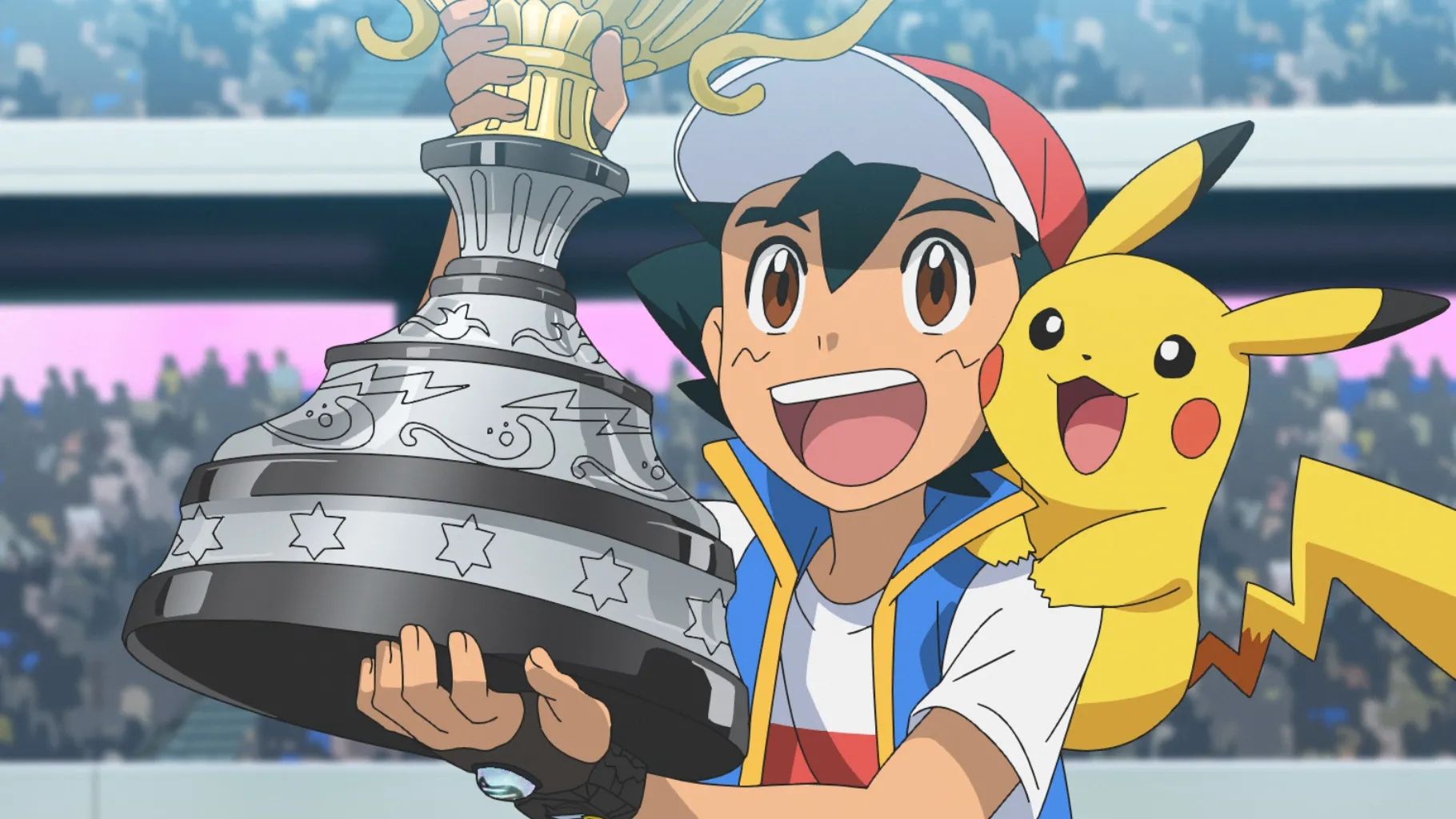 Ash happily lifts the Champion's trophy in the Pokémon anime, with Pikachu on his shoulder.