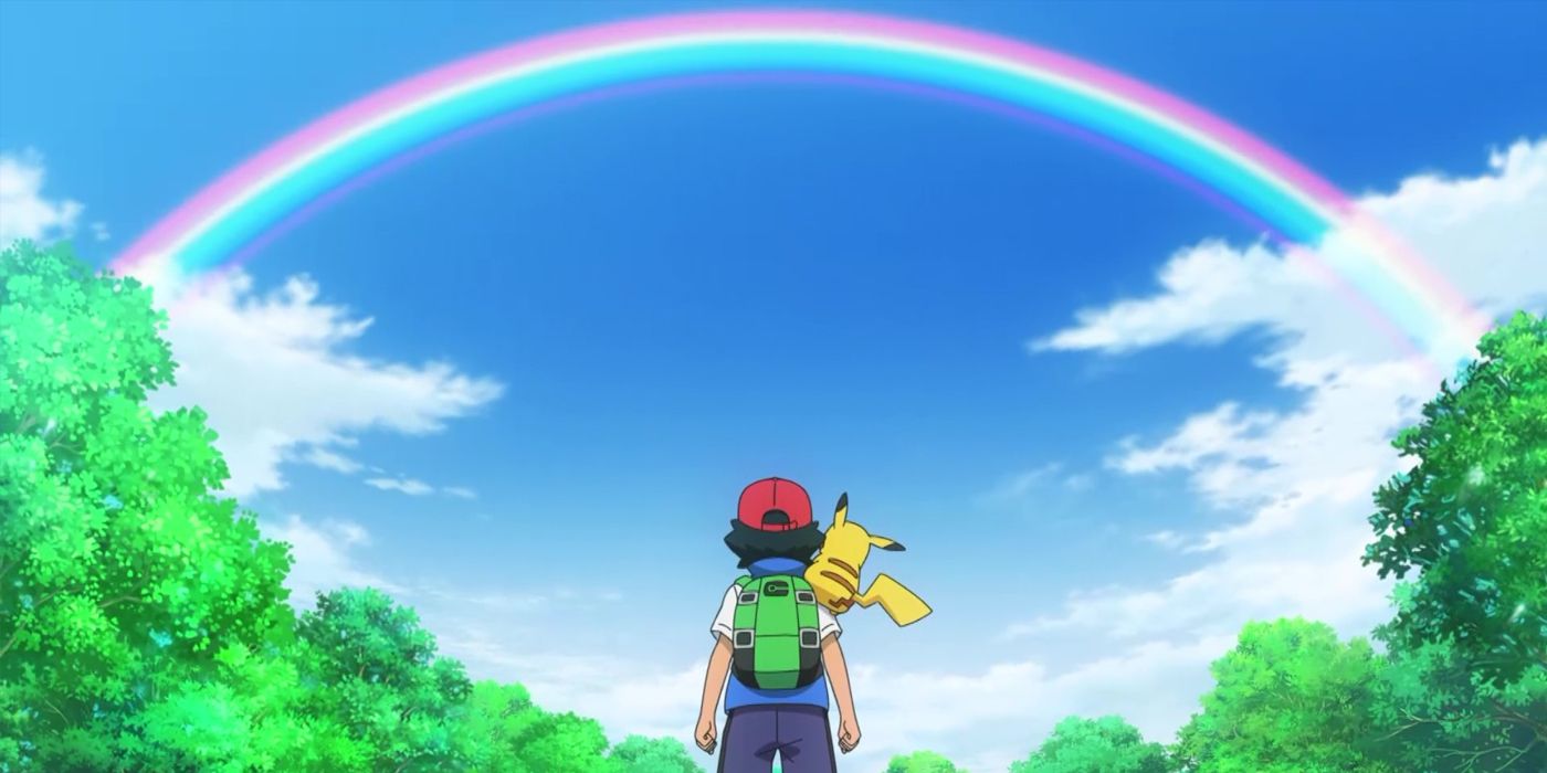 Pokemon: Ash melihat pelangi, mencerminkan episode pertama serial ini.