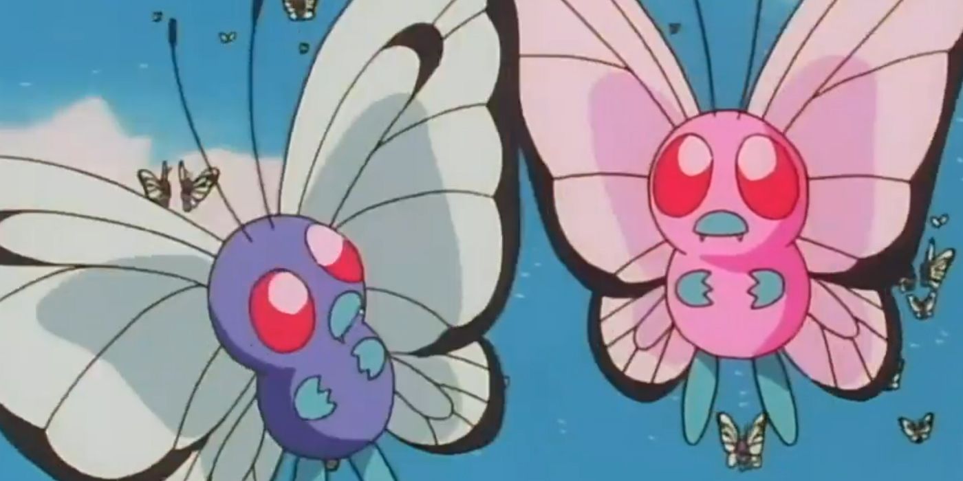 O Butterfree de Ash encontra um Butterfree rosa em Pokémon.