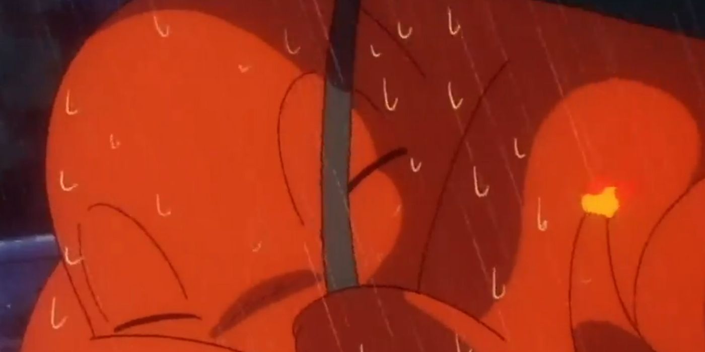 Pokemon: Charmander cowering in the rain