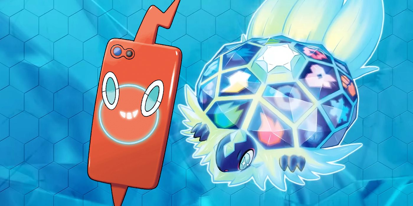 Pokémon Scarlet and Violet's Rotom Pokédex superimposed on a screenshot from The Hidden Treasure of Area Zero's trailer, with new Legendary Terapagos in front of a blue hexagonal background.