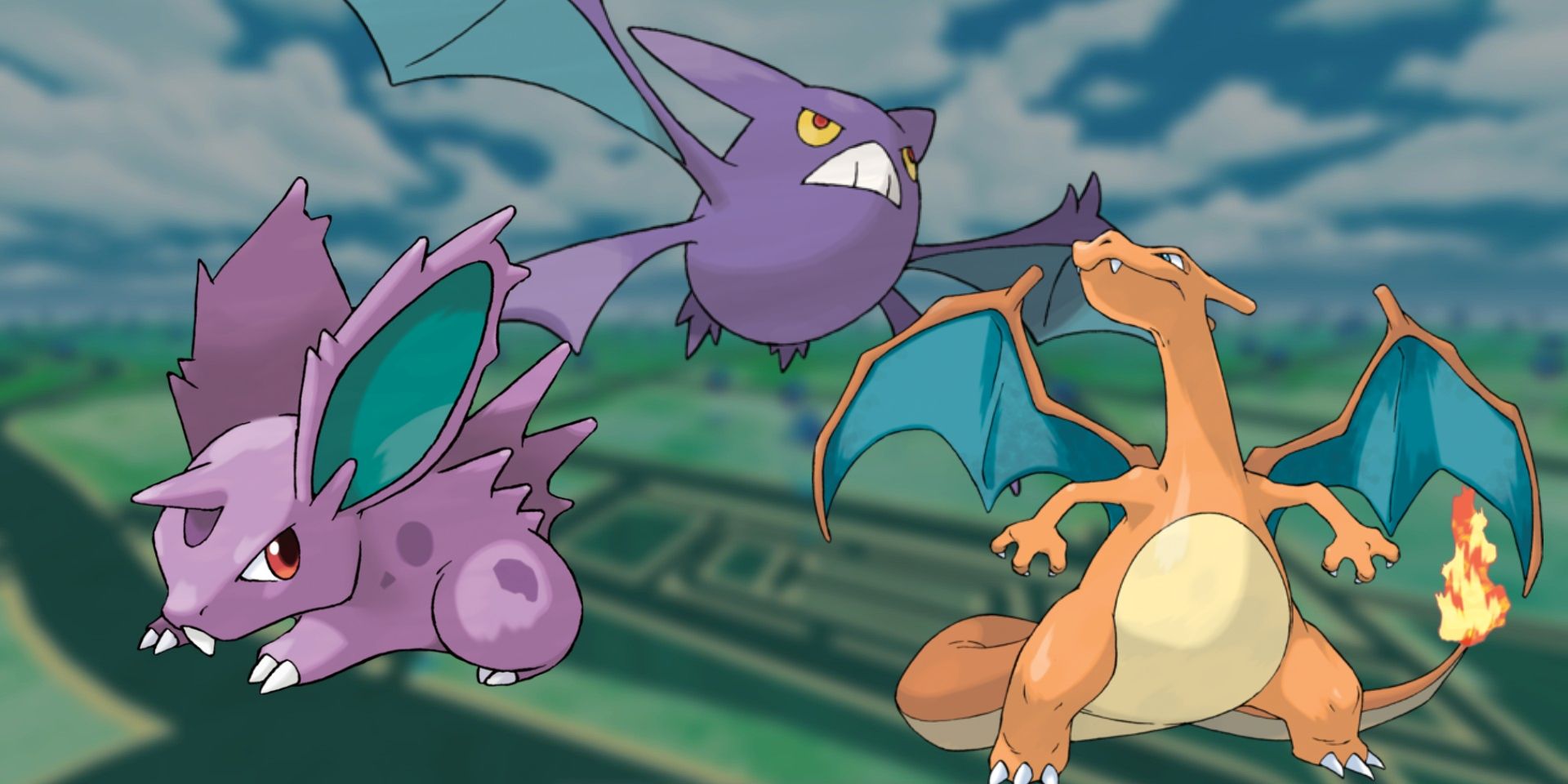 Some of Arlo's possible team members in Pokémon GO in April 2023, including Nidoran, Crobat, and Charizard. In the background is an image of the  game's map.