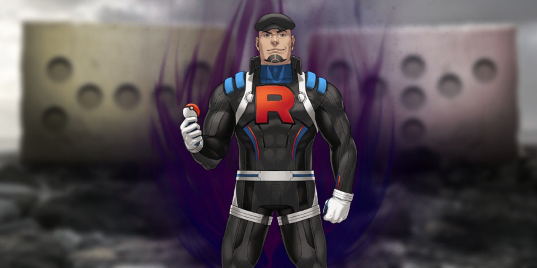 Pokemon GO's Cliff holds a Poké Ball in the middle while a dark energy cloud forms behind him. In the background is the key art for Season 10: Rising Heroes with symbols that represent Regieleki and Regidrago.