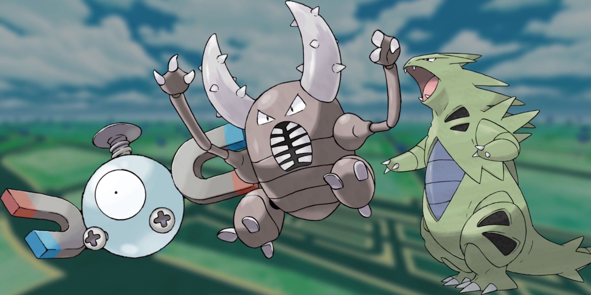 Pokemon GO's map in the background with a superimposed Magnemite, Pinsir, and Tyranitar, representing Cliff's possible team in April 2023.