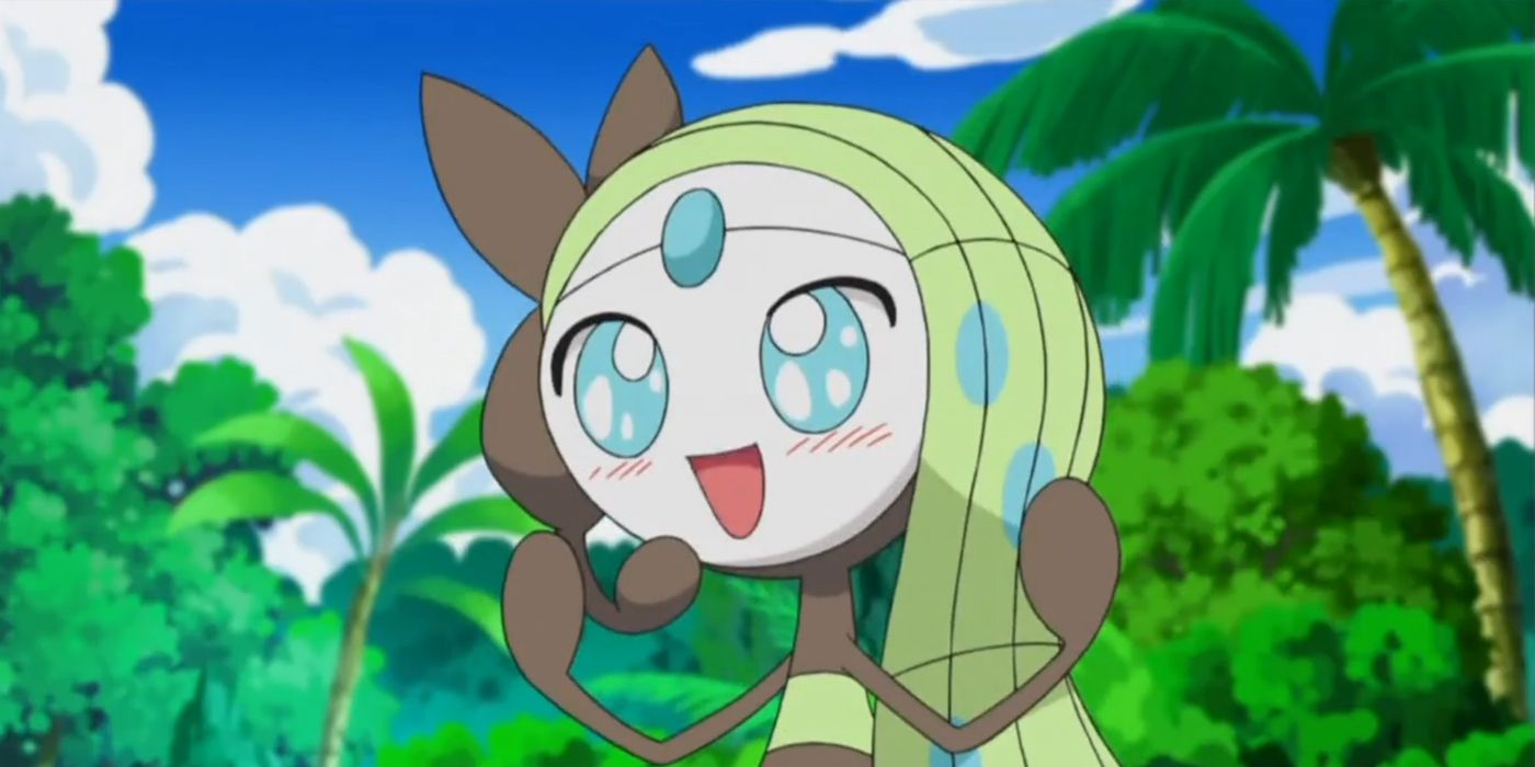 Pokemon Meloetta smiling with palm trees in the background. 