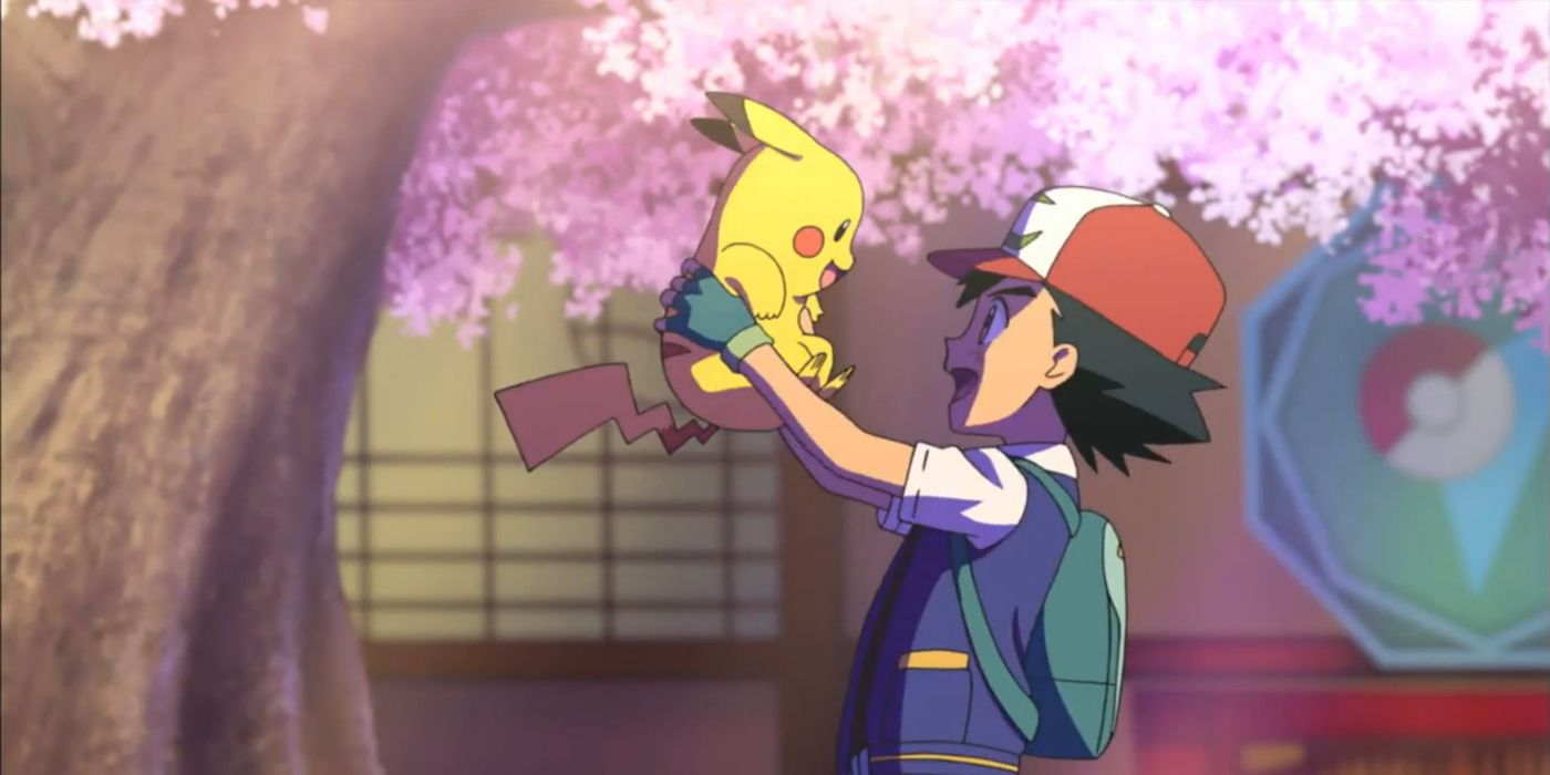 Pokemon: Ash and Pikachu from the movie continuity, celebrating a victory.