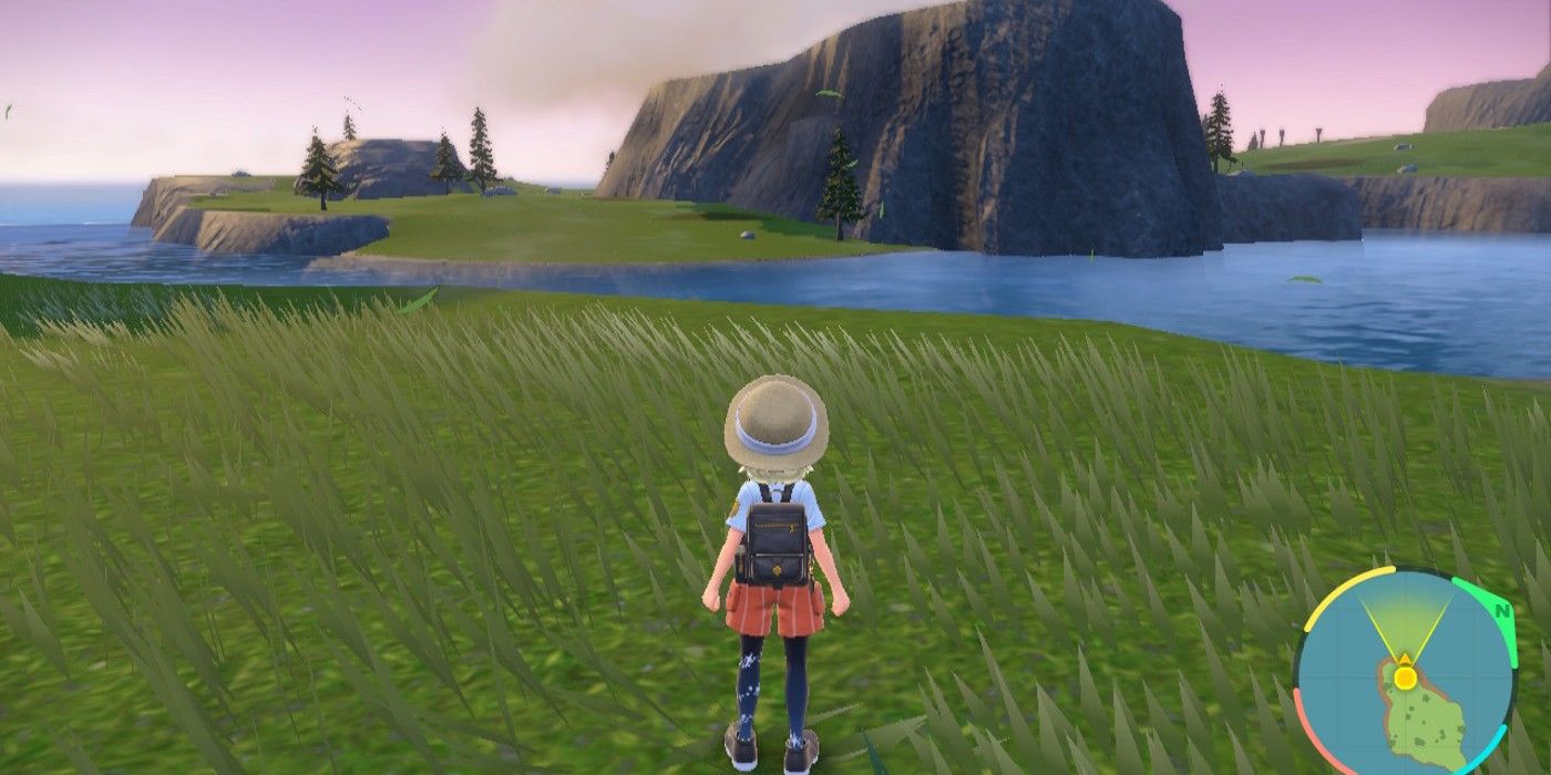 A player character looking out over an empty Casseroya Lake in Pokémon Scarlet and Violet.