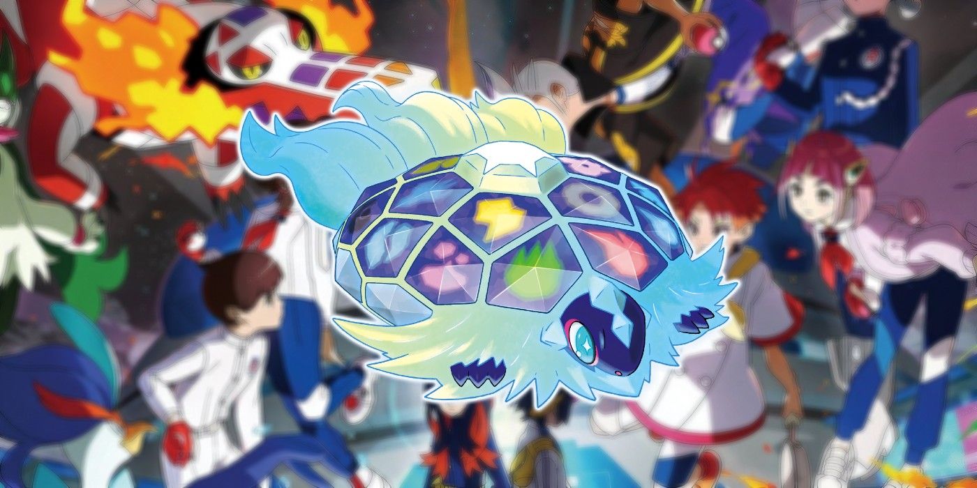 Pokémon Scarlet and Violet's Terapagos against blurred key art for The Indigo Disk DLC.