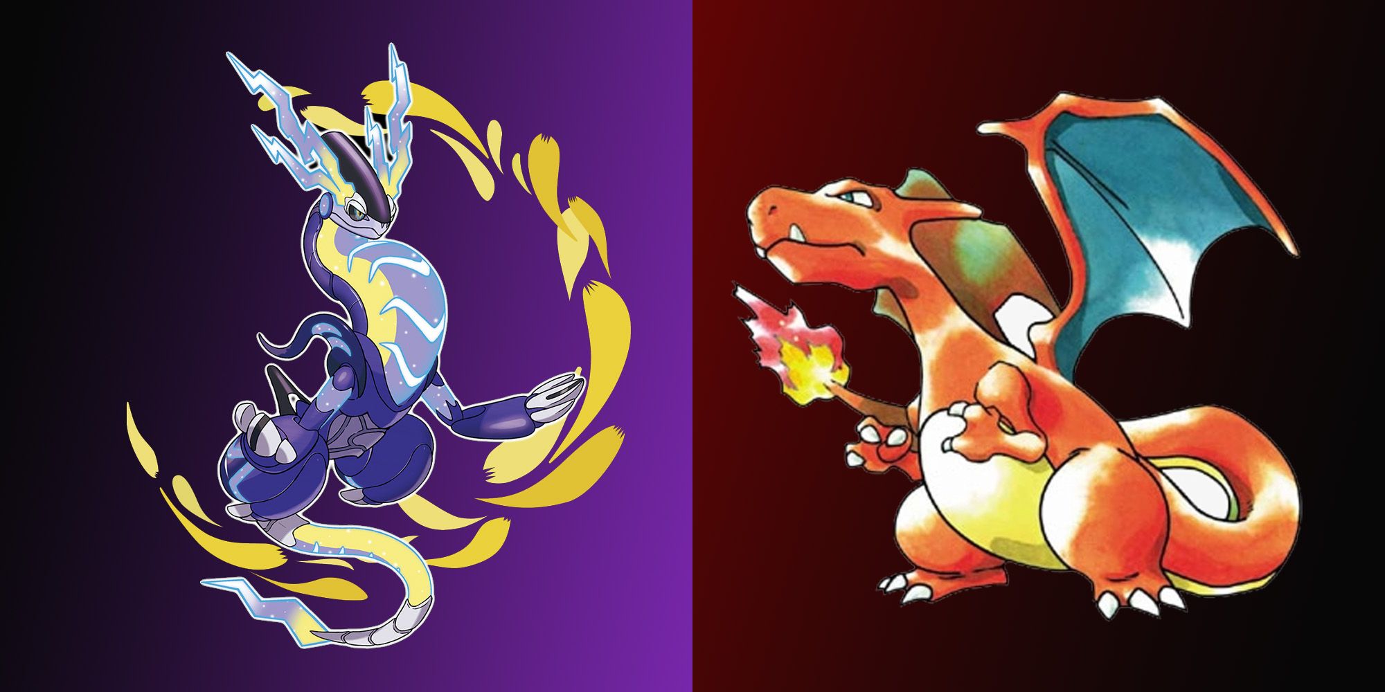 Pokemon Violet Legendary Miraidon on the left on a purple background; Pokemon Red evolved starter Charizard on the right on a red background.
