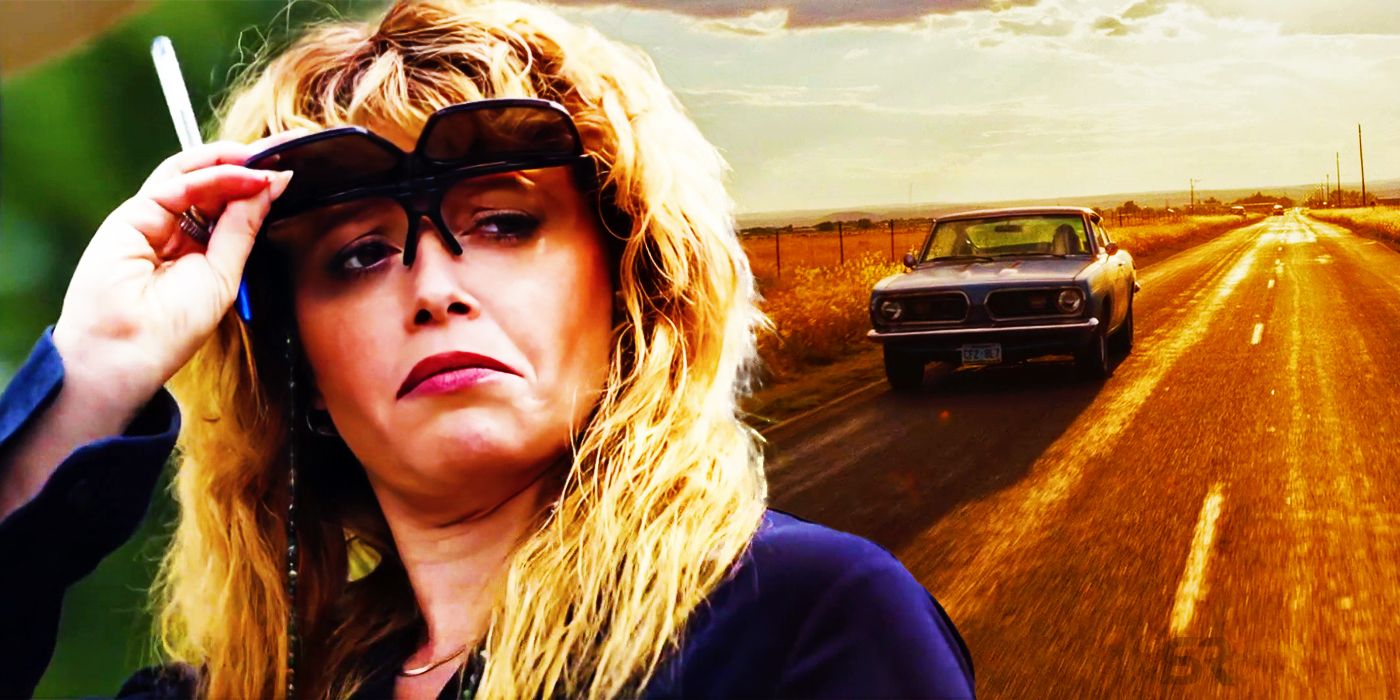 A blended image features Charlie lifting her glasses in the foreground and her driving a car down a deserted road in the background for Poker Face.