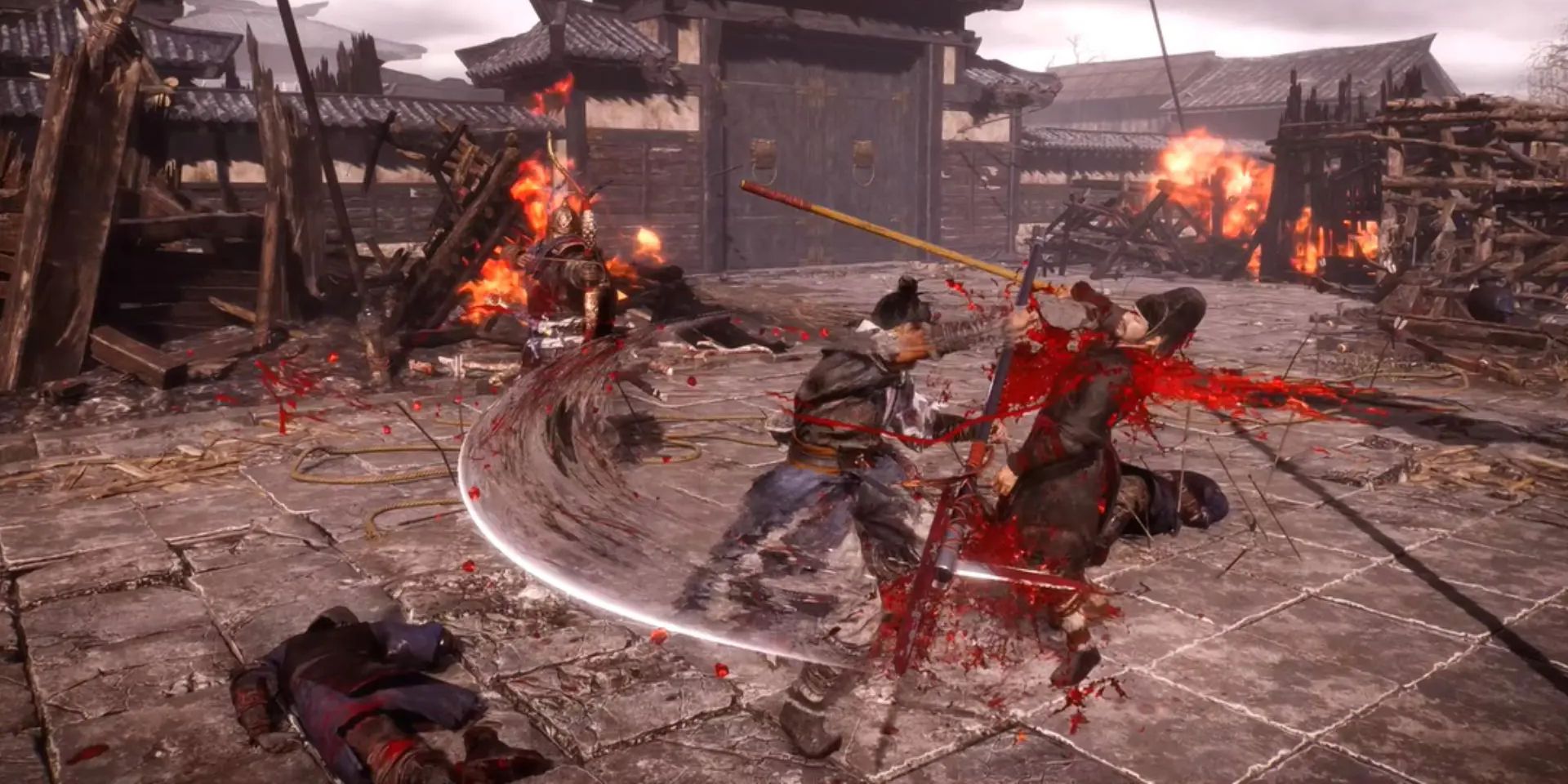 The player character swings a Polearm Podao in a wide arc against a black-clad enemy in Wo Long: Fallen Dynasty.