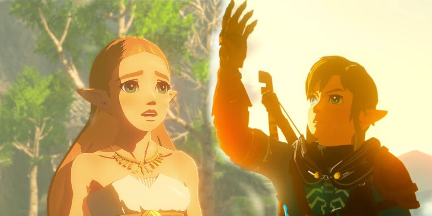 Princess Zelda on left with worried expression and Link on right looking at his raised arm from TOTK