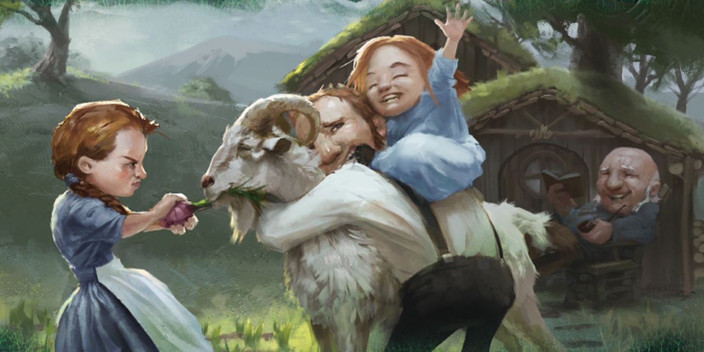 A grumpy looking girl feeds a goat a turnip while a man hold onto it. On the mans back a younger girl waves happily as a man laughs in the background.