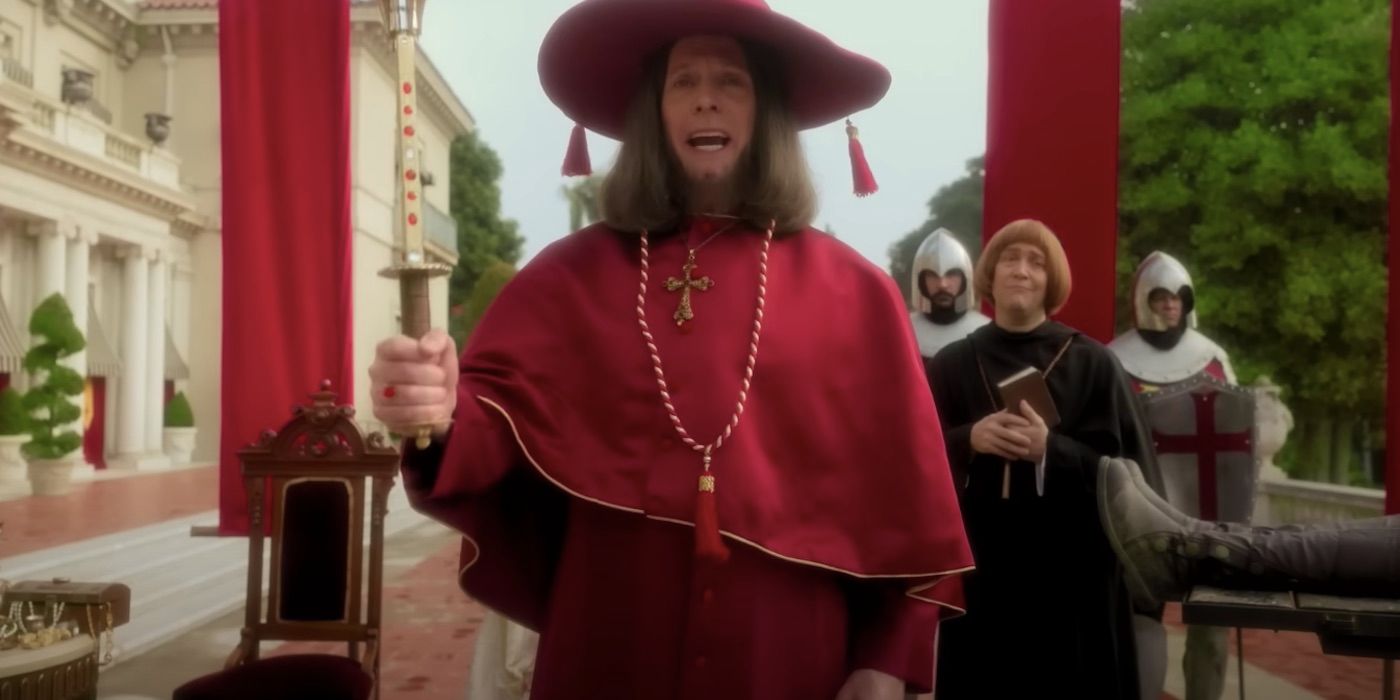 A bishop holding a sword and talking in Quasi Trailer