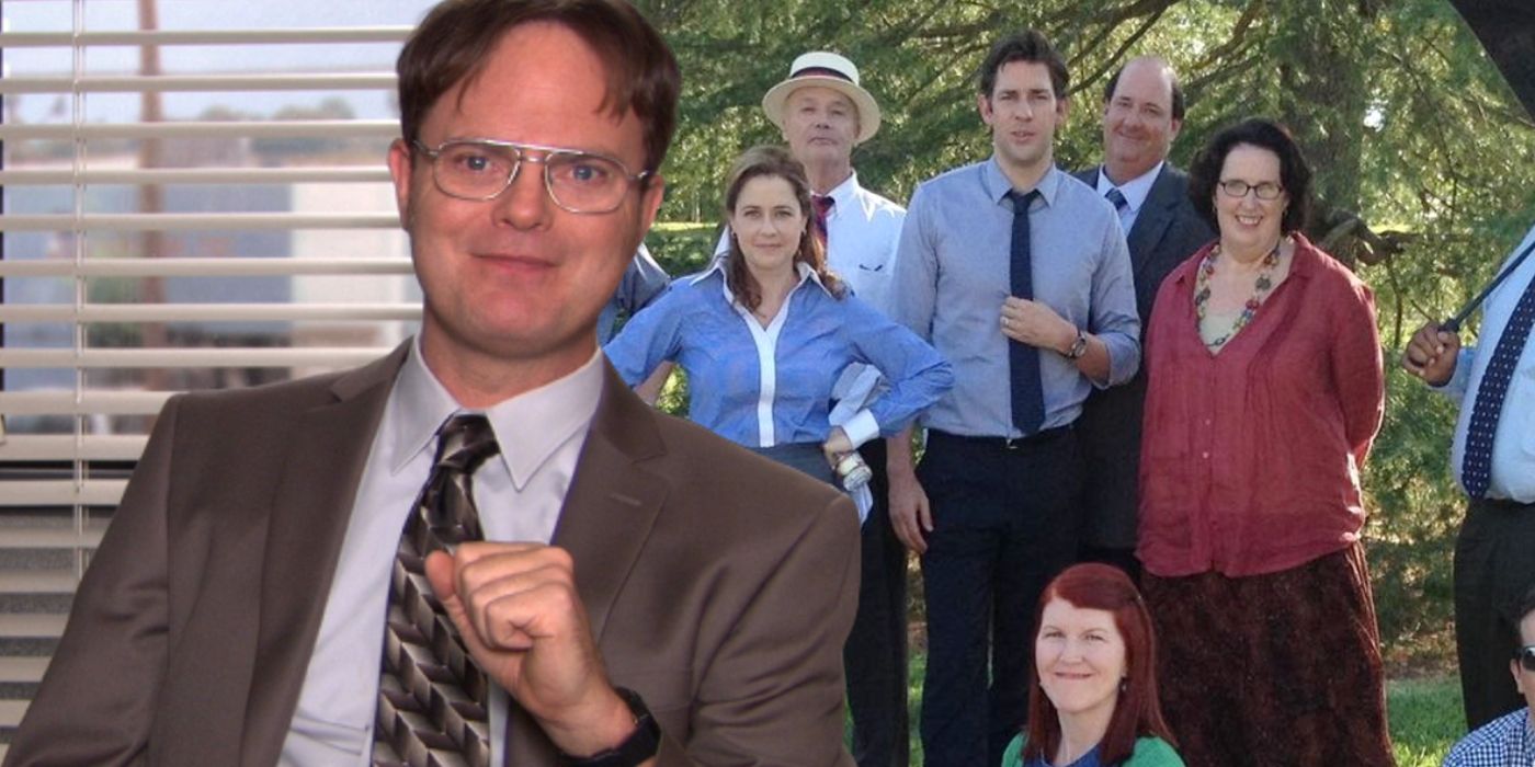 Custom image of Rainn Wilson as Dwight and a behind-the-scenes image of John Krasinski, Jenna Fischer, and others.