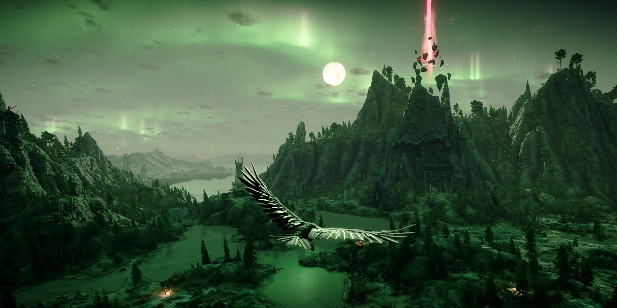Ravenbound Review raven flying over lakes towards a mountain and red spire