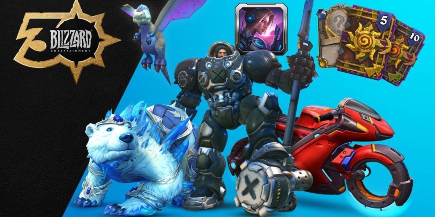 A promotional image showcasing Reinhardt's Raynhardt skin for Overwatch alongside other Blizzard assets on a blue background.