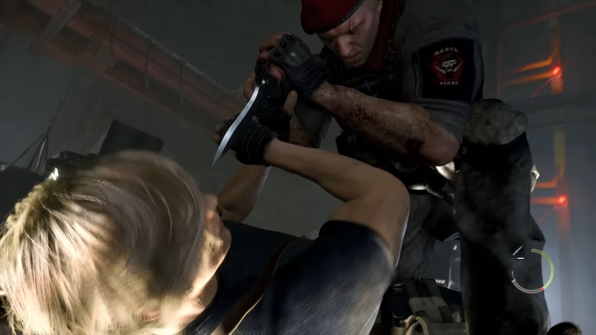 Krauser stabbing his knife down at Leon, who is holding it off, in Resident Evil 4 Remake.