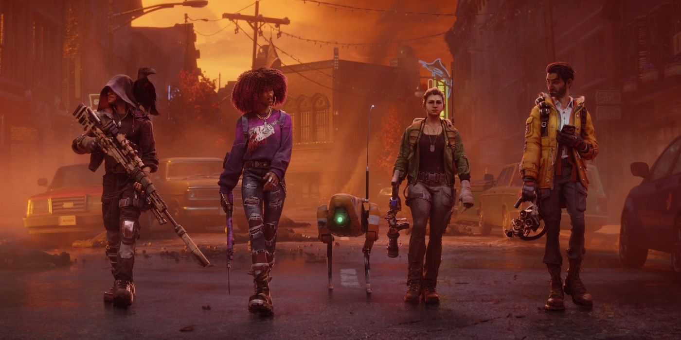 Los personajes de Redfall Jacob, Layla, Remi y Devinder caminan por una calle en ruinas con un pequeño robot en medio de ellos.