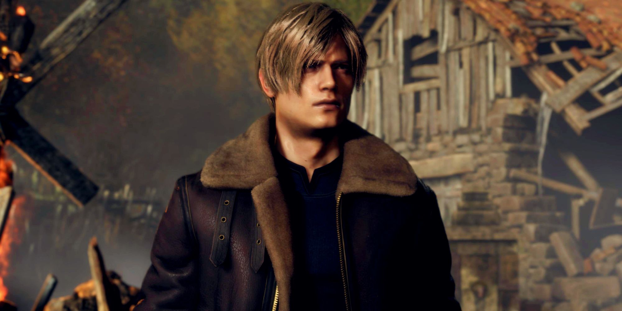 Leon Kennedy standing in a village next to a burning pyre in the Resident Evil 4 remake Chainsaw Demo.