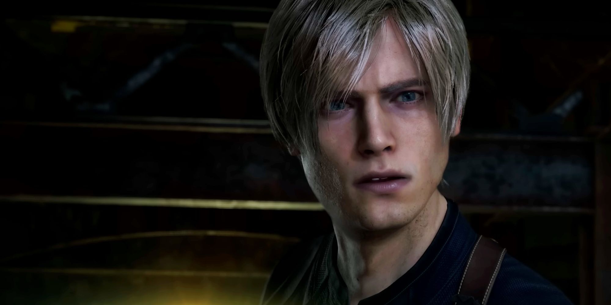 A close up of Leon Kennedy in Resident Evil 4, looking mildly shocked as someone offscreen talks to him.
