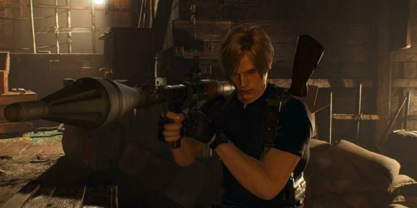 Resident Evil 4 Remake Leon Holding Rocket Launcher Weapon Toward Camera with Single Shot on Enemies Before Item is Deleted From Inventory