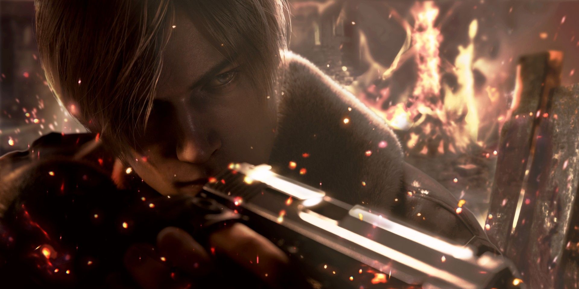 Leon aiming a pistol in Resident Evil 4 Remake while fire burns behind him. 