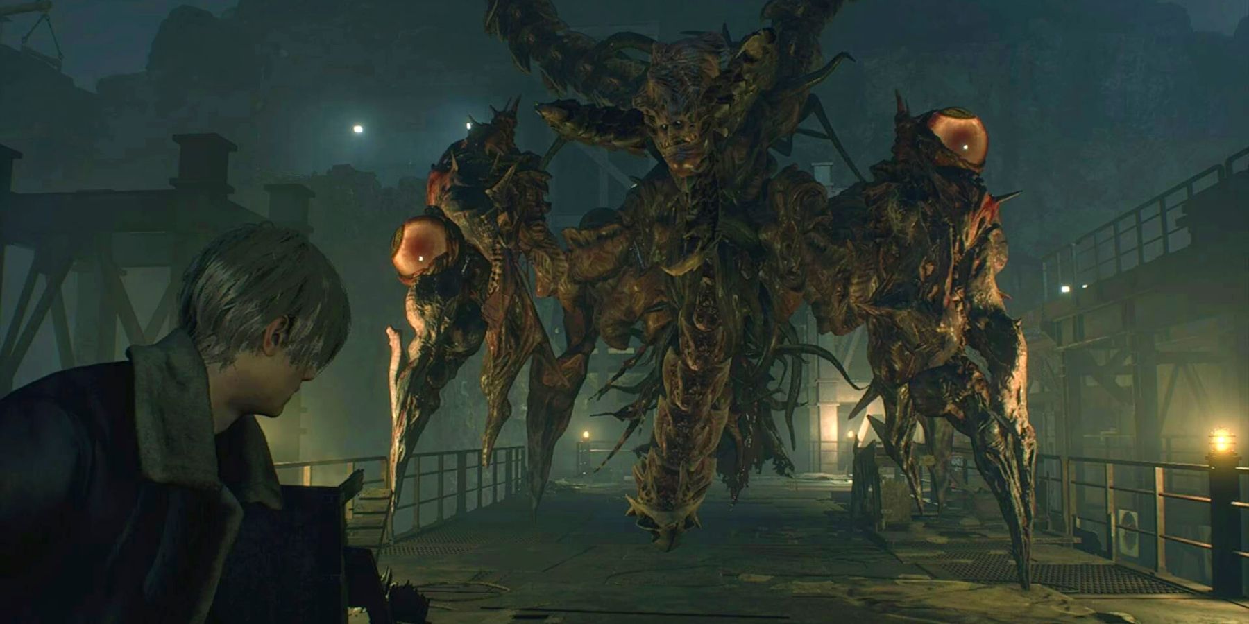 Screenshot from the Resident Evil 4 remake showing protagonist Leon Kennedy facing down the game's final boss, a monster that mutated from Saddler, the game's antagonist and creator of the Las Plagas parasite.