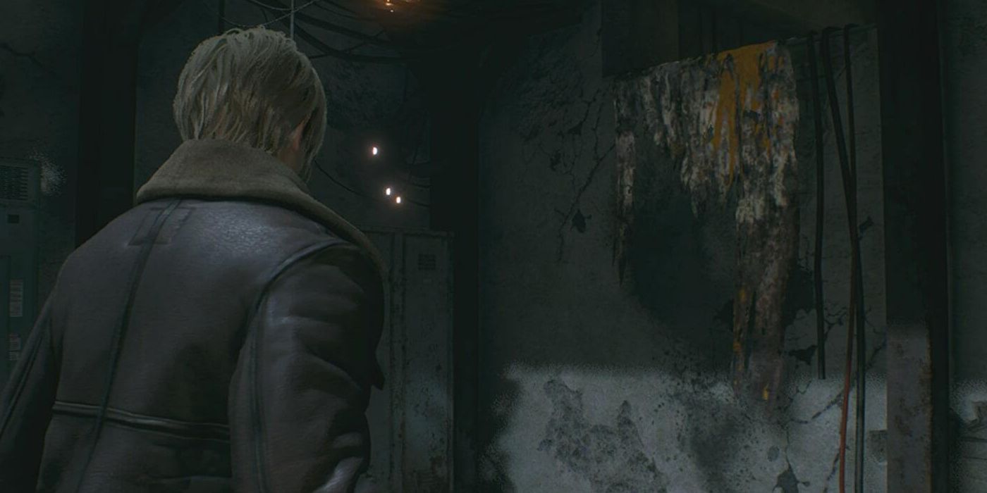 Leon looking at the gap in the wall in Resident Evil 4 Remake