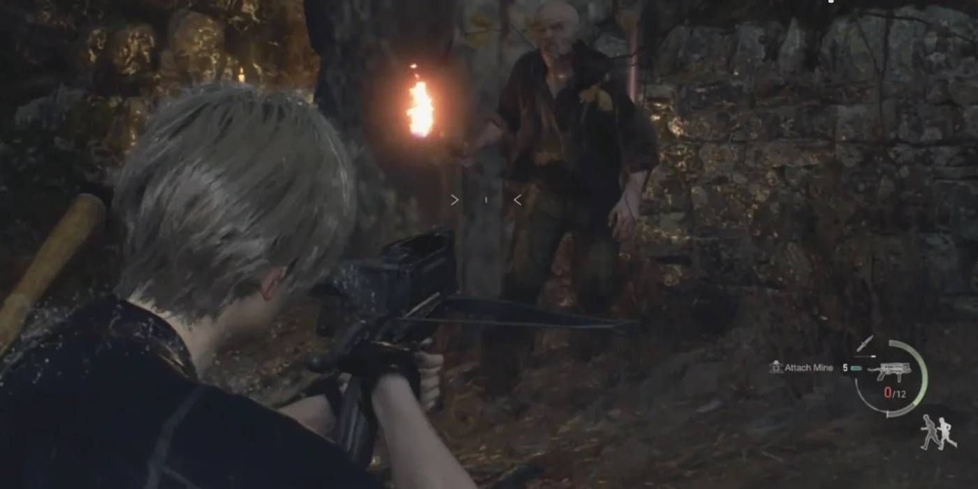 Resident Evil 4 Remake Leon Using Bolt Thrower Weapon on Lower Part of Enemy to Disable Foe