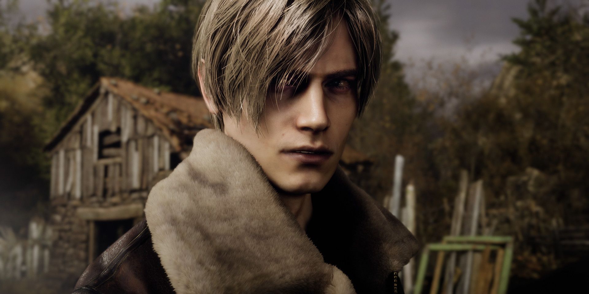 Resident Evil 4 Remake's Leon looks towards something off-screen, close to the camera's angle. Behind him is a barn and some trees.