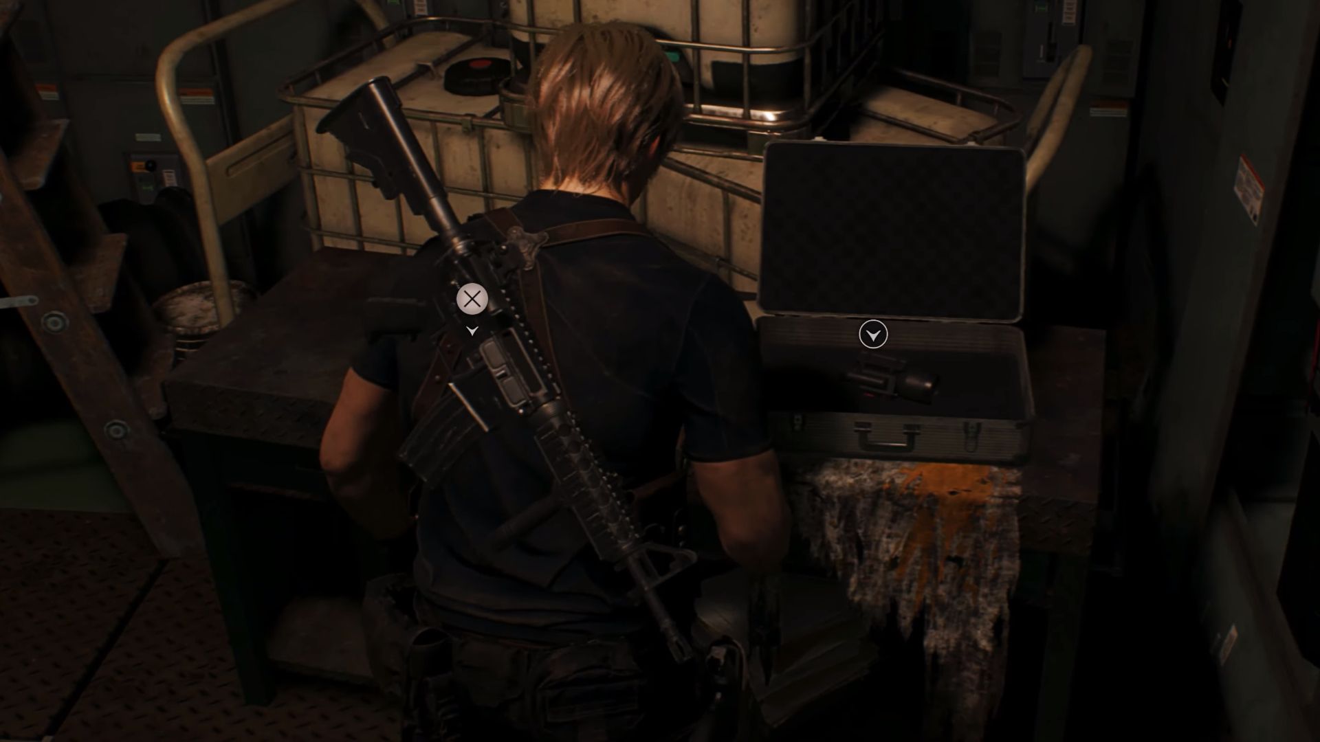 Resident Evil 4 Remake Leon Looking At Biosensor Scope Weapon Upgrade In Chapter 13 Incubation Lab