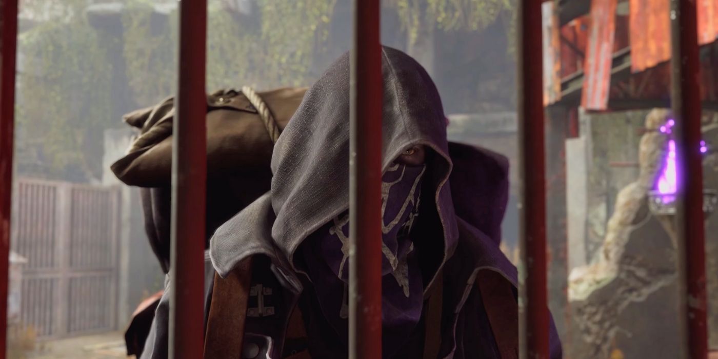 The Merchant in the RE4 remake looking through the bars of a gate as he meets Leon for the first time.