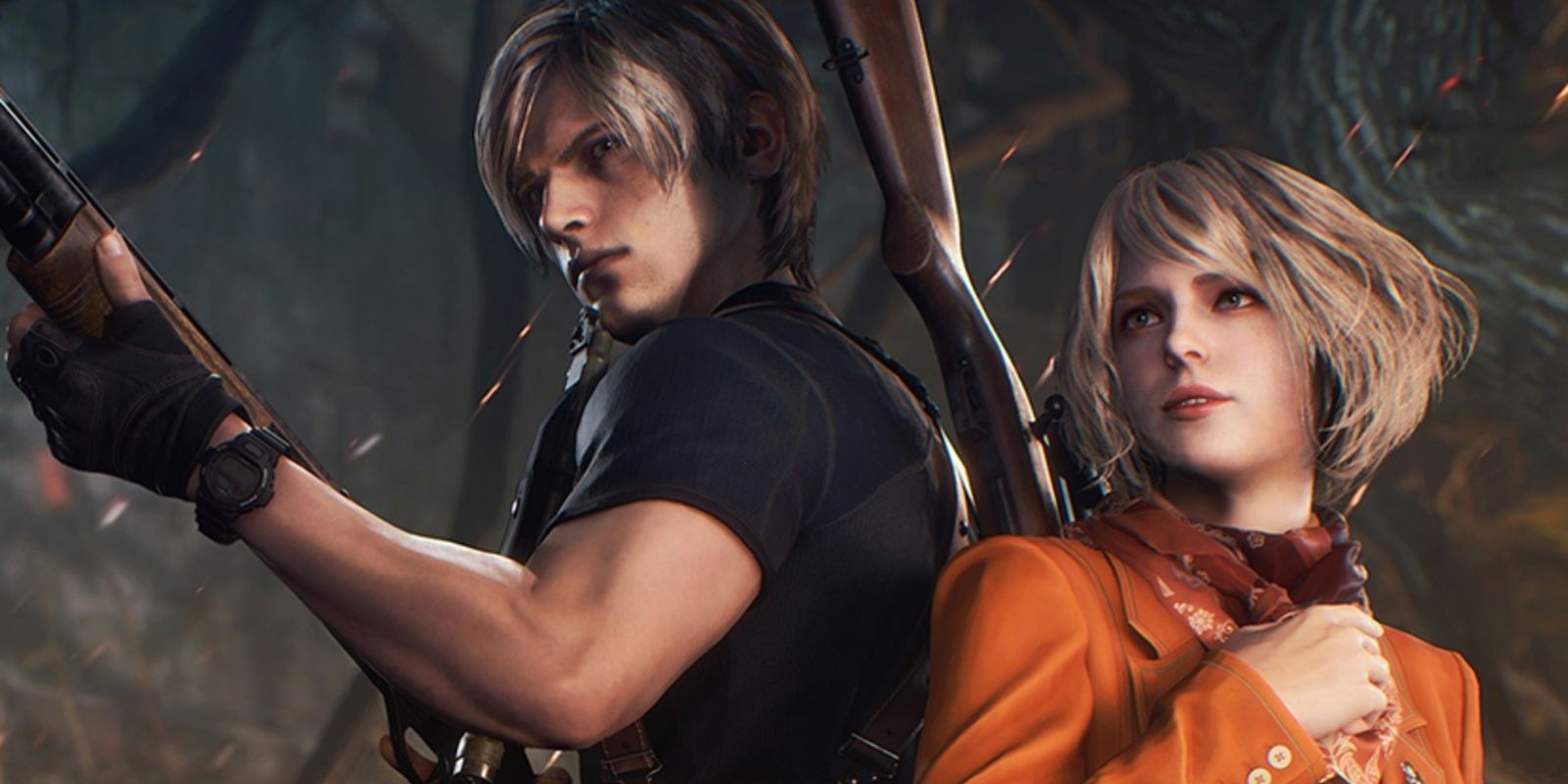 Leon dari Resident Evil 4 Remake memegang senapan sambil melindungi Ashley, yang saling membelakangi dengannya.