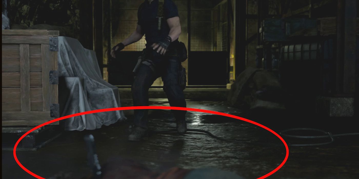 A screenshot from the trailer for Resident Evil 4 Remake highlighting what is potentially Luis' dead body in the foreground.