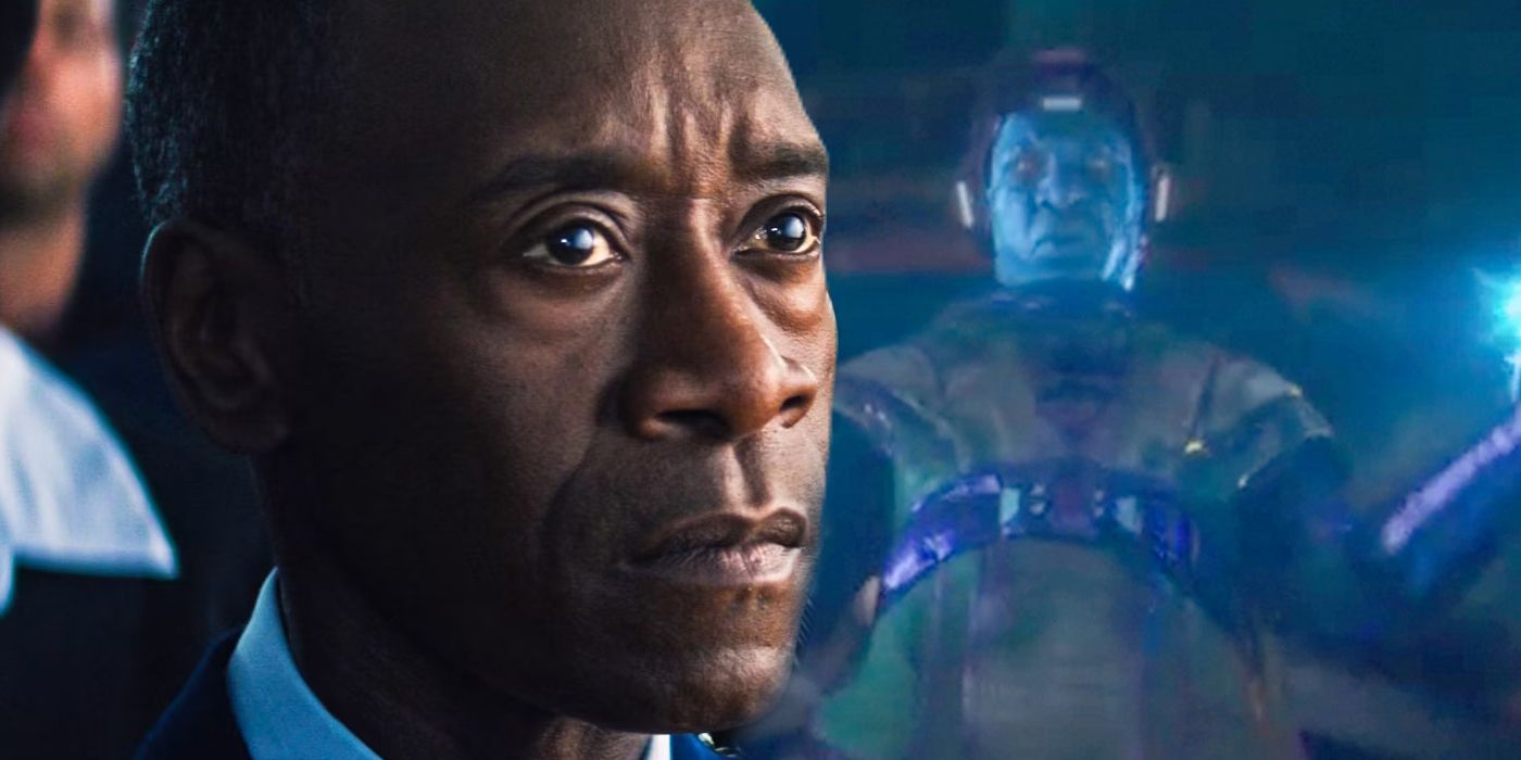 Split Image of Rhodey (Don Cheadle) looking concerned; Kang the Conqueror (Jonathan Majors) in his battle regalia