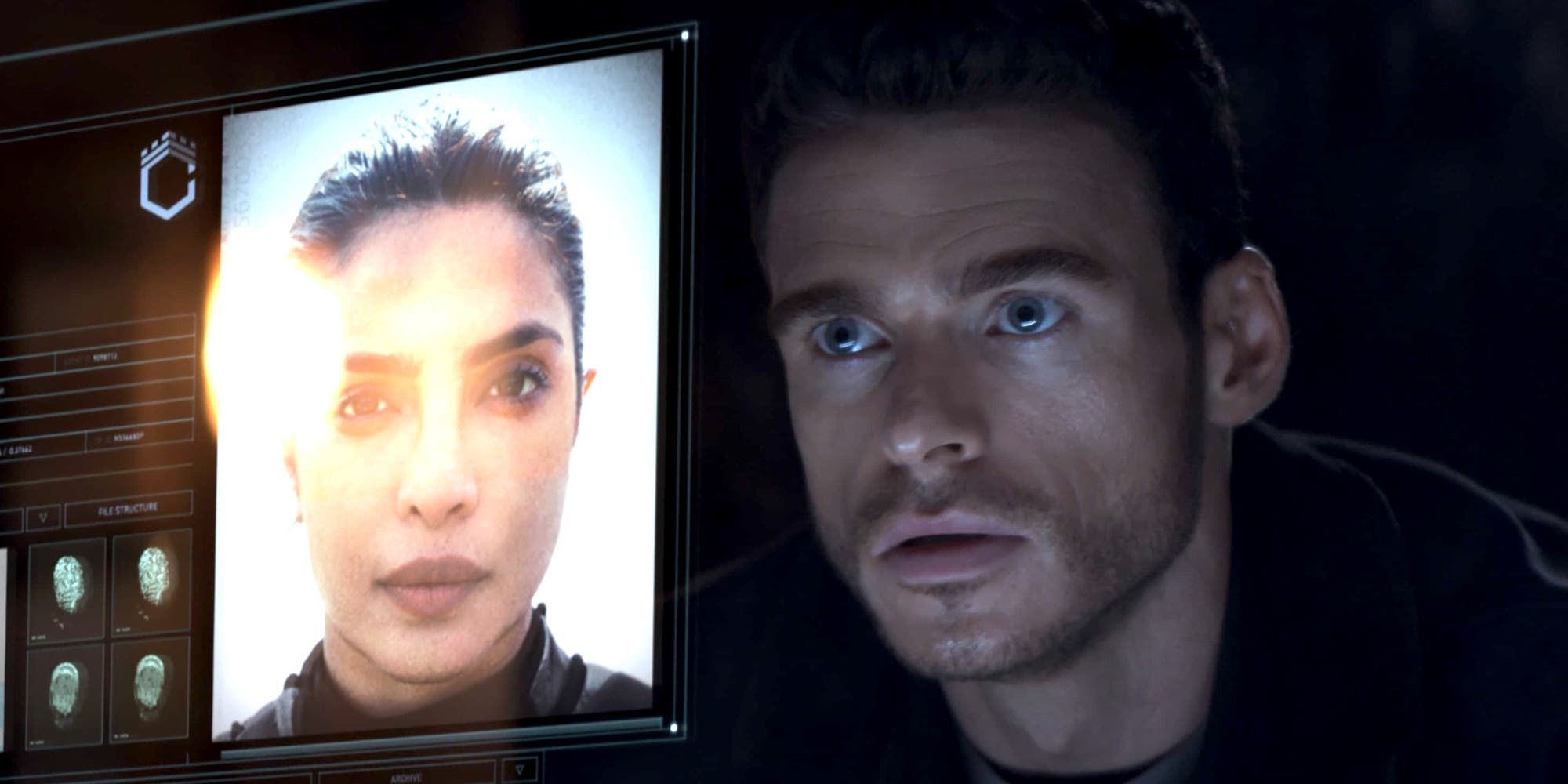 Richard Madden looking at a computer readout in Citadel