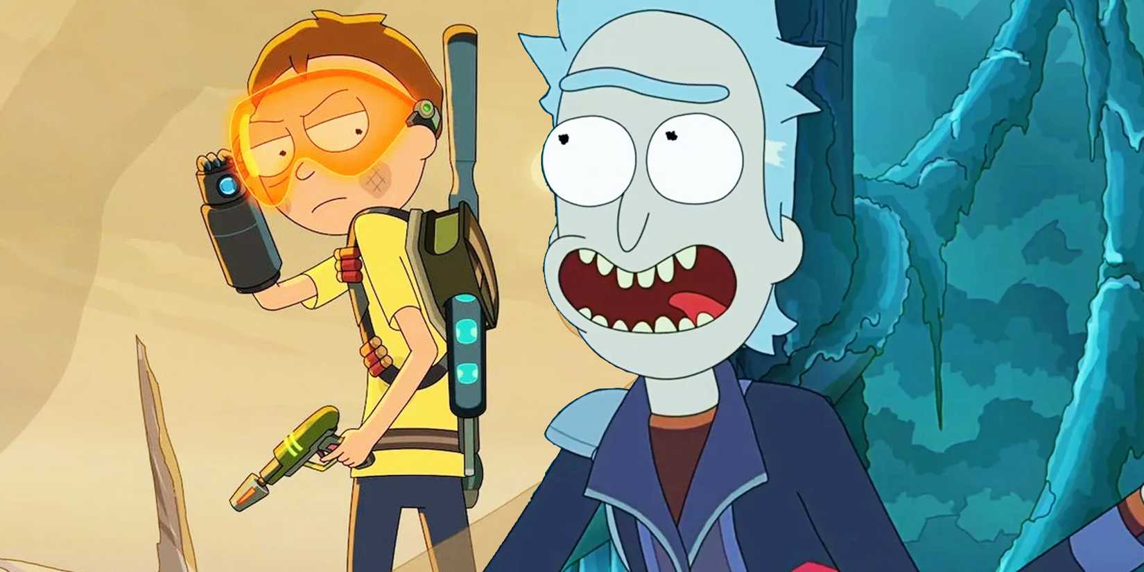 Rick Prime smiling and Evil Morty looking injured while equipped with gadgets from Rick and Morty