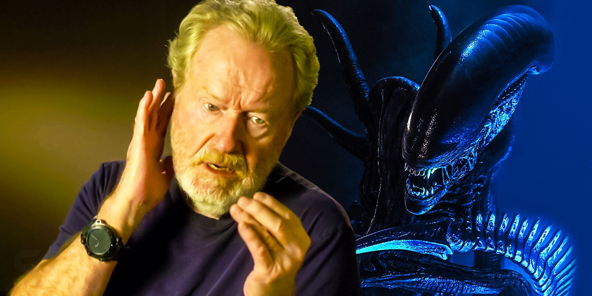 Una imagen de Ridley Scott y un xenomorfo alienígena.