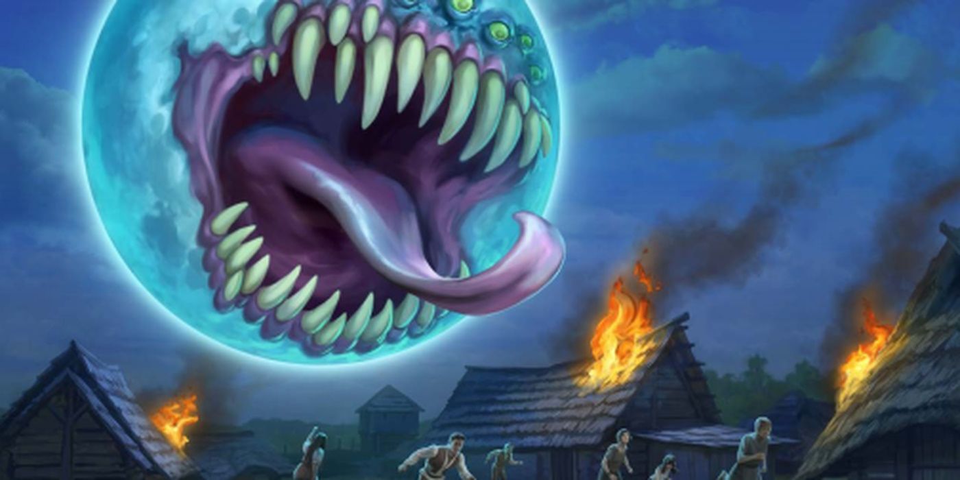 A huge moon with rows of sharp teeth bears down on a burning village