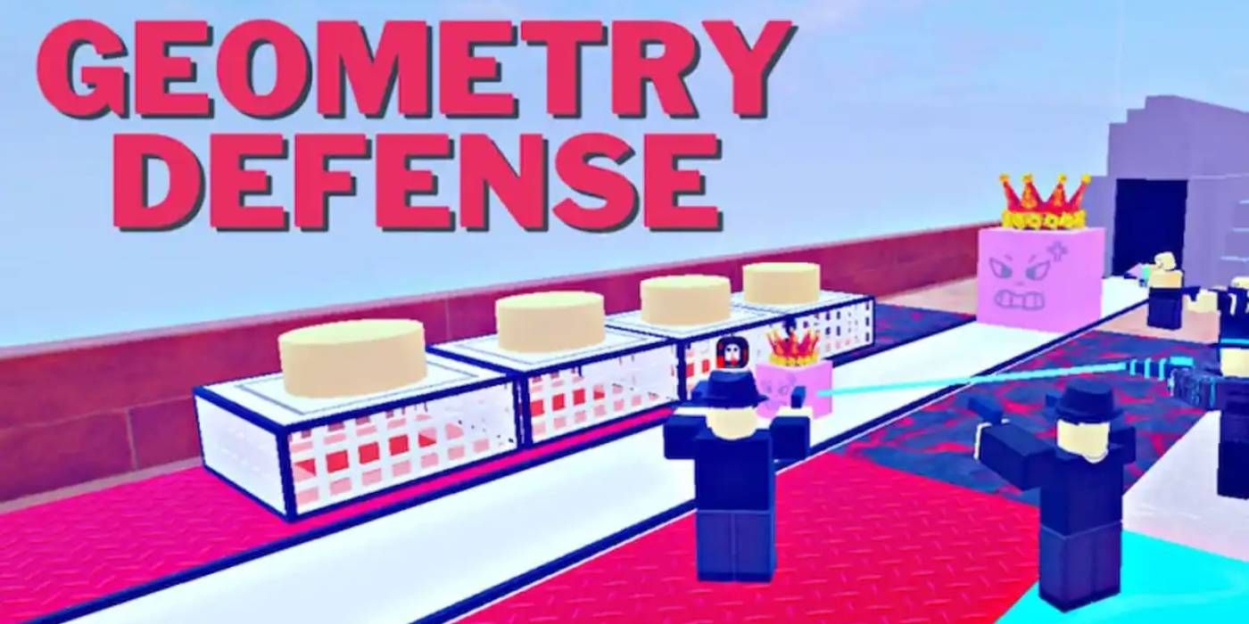 Imagen promocional de Roblox Geometry Defense que muestra el juego estándar Tower Defense contra formas